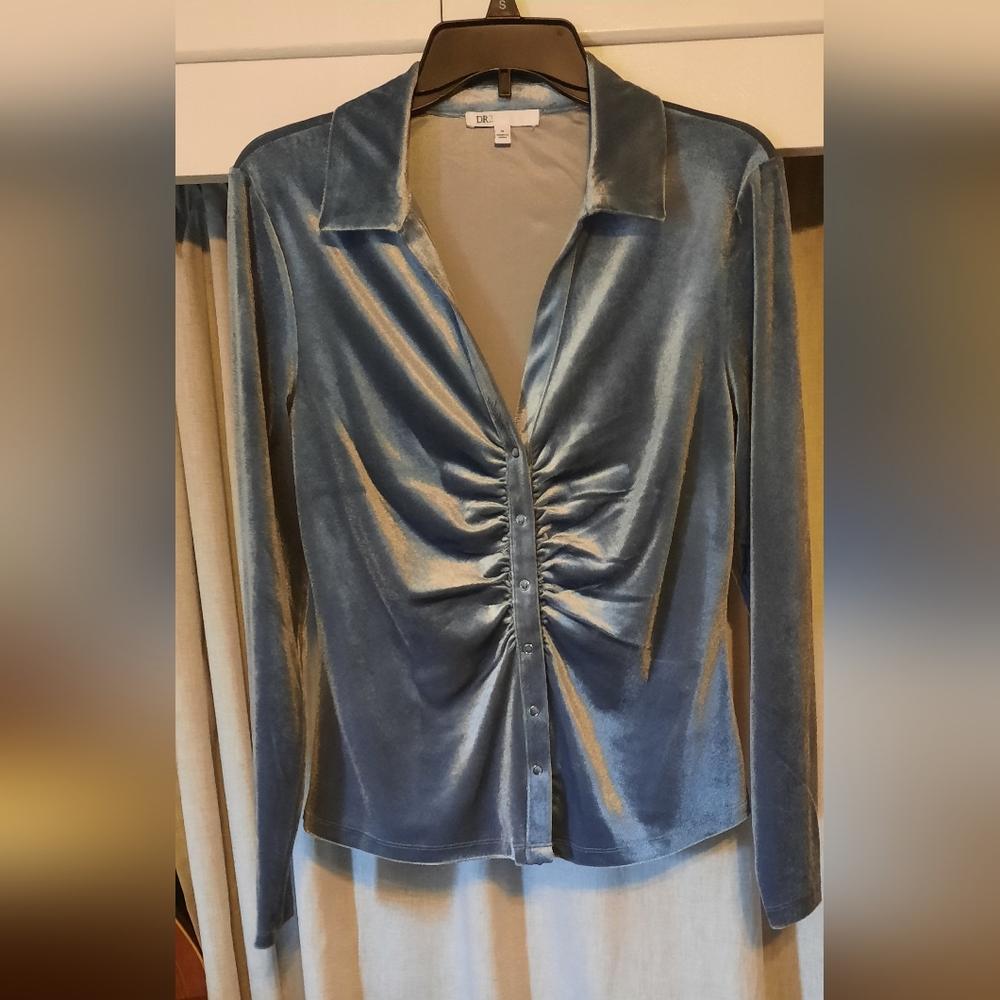 Blue Velour Button-Up top
